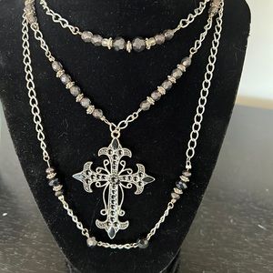Beautiful Beaded Silver and Black Triple-strand Cross Necklace